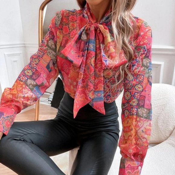 . Tops - Boho Patchwork long Sleeve Tie Neck Blouse Multi color
